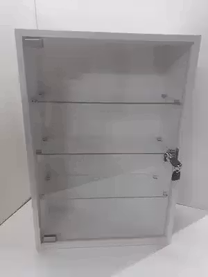Vitrine Expositora em MDF Branca, com Prateleiras de Vidro e Fechadura, 20 x 44 x 64 cm