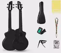 VEDO Ukulele Concerto Infantojuvenil 23' em Fibra de Carbono Preto – Kit Completo com Mochila, Afinador, Capotraste, Alça e Cordas Extras – Impermeável e Resistente – Presente Musical