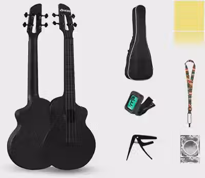 VEDO Ukulele Concerto Infantojuvenil 23' em Fibra de Carbono Preto – Kit Completo com Mochila, Afinador, Capotraste, Alça e Cordas Extras – Impermeável e Resistente – Presente Musical