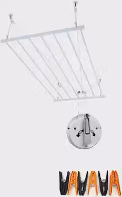Varal de Teto Retrátil em Alumínio Reforçado Premium 100x60 cm com 8 Varetas, Manivela e Kit Completo de Instalação