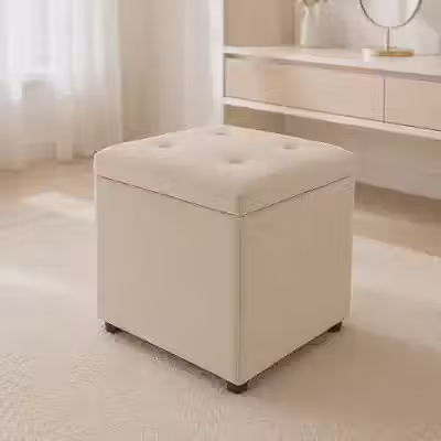 Puff Baú Organizador para Quarto, Penteadeira e Decoração com Assento Estofado(Bege Suede)