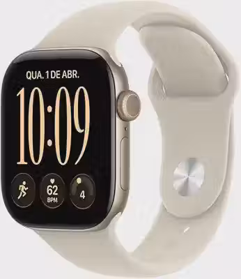 Apple Watch Series 12 GPS, caixa em alumínio dourado‑claro de 42 mm com Bracelete desportiva areia - S/M