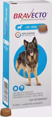 Bravecto® 1000mg Comprimido Mastigável Antipulgas e Carrapatos para Cães de 20 a 40kg – 1 Comprimido – MSD Saúde Animal