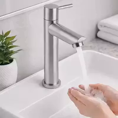 Torneira Banheiro Luxo em Aço Inox Escovado Monocomando Mecanismo 1/4 de Volta Moderna para Cuba Bancada Lavabo - Alto Padrão Premium