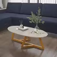 Mesa Mesinha de Centro Apoio Sala Oval Orgânica Moderna Cor Off White Nature Pés Madeira MDF Barata FULL