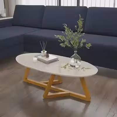 Mesa Mesinha de Centro Apoio Sala Oval Orgânica Moderna Cor Off White Nature Pés Madeira MDF Barata FULL