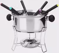 CONJUNTO PARA FONDUE COM 10 PÇS EM INOX CONTENDO: 1 PANELA DE FONDUE EM AÇO INOX 410 E CABO EM BAQUE