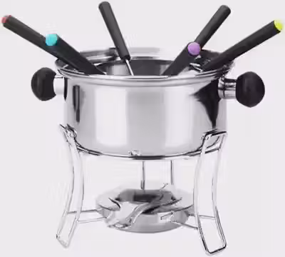 CONJUNTO PARA FONDUE COM 10 PÇS EM INOX CONTENDO: 1 PANELA DE FONDUE EM AÇO INOX 410 E CABO EM BAQUE