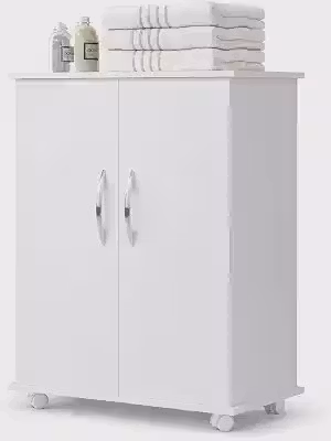 Armário Multiuso Branco com Rodinhas 2 Portas Organizador para Lavanderia Cozinha e Banheiro