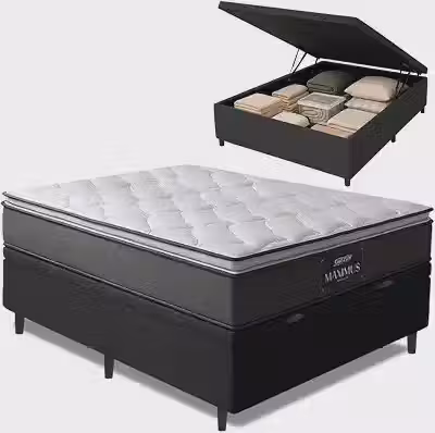 Cama Box Baú Casal Colchão Molas Ensacadas Maximus 138x188x65cm Cinza/Preto Gazin - Suporta até 120kg por Pessoa
