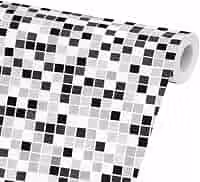 Papel de Parede Adesivo 3D Autocolante, Padrão Pastilha Mosaico Preto Branco Cinza, 5 Metros x 45cm, para Sala Banheiro Cozinha