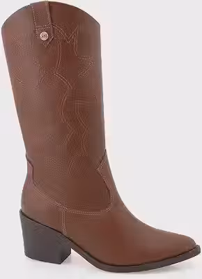 Bota Texana Feminina Cano Médio Marrom Sintética com Sola Sintética – Estilo Country, Confortável e Versátil