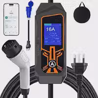 Wallbox, Carregador Carro Eletrico, Carregador Portátil para Veículo Elétrico Padrão Tipo 2 (Type‑2), Tomada CEE Commando Azul, Ajustável até 32A, 110-250VCA, Monofásico 7kW, Cabo de 5M e Tela LCD