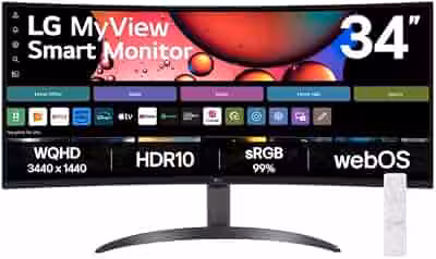LG MyView Smart Monitor Curvo UltraWide 34' VA WQHD (3440x1440) webOS ThinQ Home AirPlay Screen Share Bluetooth Proporção 21:9, Preto - 34SR60QC
