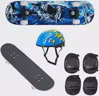 Skate Infantil Iniciante 70cm Tubarão Azul + Kit de Segurança Completo