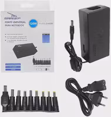 Adaptador Carregador Universal De Notebook Fonte Universal 120W, chave seletora 12V a 24V, com 9 Plugs e Cabo de Força Bivolt