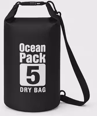 Bolsa Estanque Impermeável 5L com Fechamento Roll-Top e Presilha, Proteção contra Água, Areia e Poeira para Praia, Camping, Trilha e Caiaque (Preto)
