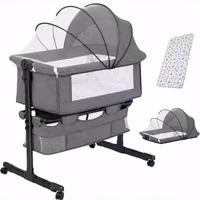 Berço Portátil Kidino Acoplado Co-Bed Com Colchão e Mosquiteiro, Altura Ajustável, Cinza