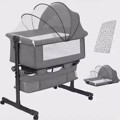 Berço Portátil Kidino Acoplado Co-Bed Com Colchão e Mosquiteiro, Altura Ajustável, Cinza