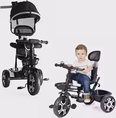 Triciclo Infantil Bebê Baby Style 2 em 1 com Assento Giratório 360°, Capota Removível e Haste de Empurrar – Certificado INMETRO (Preto)