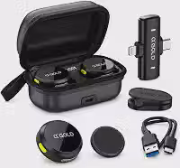 Microfone de Lapela Sem Fio α'GOLD Kit com 2 Microfones, Case de Carregamento, Fixação Magnética, Redução de Ruído, Receptor USB-C e Lightning para iPhone e Android
