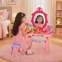 Penteadeira Infantil Princess Camarim Fashion Rosa Com Espelho E 46 Acessórios De Beleza Brinquedo Menina Presente Criativo Completo Inmetro.