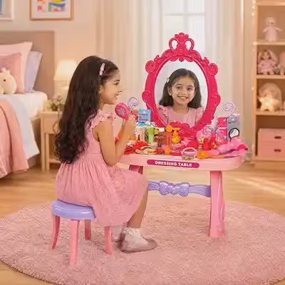 Penteadeira Infantil Princess Camarim Fashion Rosa Com Espelho E 46 Acessórios De Beleza Brinquedo Menina Presente Criativo Completo Inmetro.