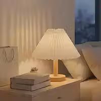 Luminária de Mesa para Quarto, Base de Madeira com Abajur Plissado, Lâmpada de Mesa LED Luz Noturna para Escritório, Sala, Quarto Infantil