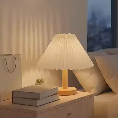 Luminária de Mesa para Quarto, Base de Madeira com Abajur Plissado, Lâmpada de Mesa LED Luz Noturna para Escritório, Sala, Quarto Infantil