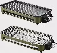 Versátil Churrasqueira Elétrica Portátil 127V Verde Ferro Inox 1500W Alta Potência Desmontável Fácil Limpeza Pouca Fumaça Controle de Temperatura Ótimo Para Casa e Acampamento