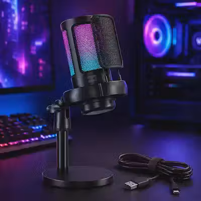 Microfone Gamer RGB USB para PC e Notebook – Condensador com Controle de Ganho, Botão Mute Touch e Iluminação LED RGB para Streaming, Podcast e Jogos