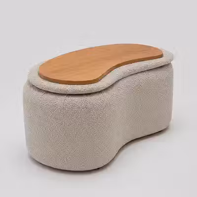 Puff Decorativo Orgânico com Baú e Tampo Reversível – Formato Feijão para Sala ou Quarto (Bege)