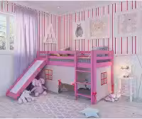 Cama Alta Kids com Escorregador e Tenda em Madeira Maciça/mdf Rosa