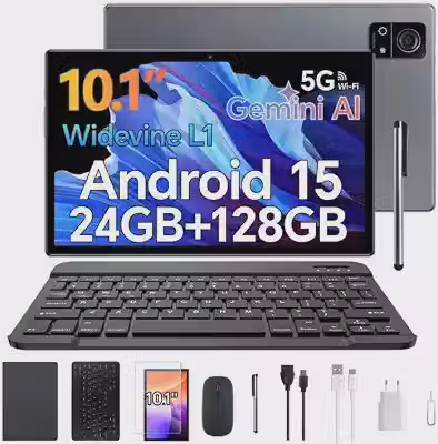 Tablet S7P Android 15 10.1 Polegadas IPS Full HD 24GB RAM(12GB+12GB Expansão) 128GB ROM Processador A523, Câmera 13MP+5MP Bateria 8000mAh, Kit Completo Teclado Mouse Capa Película para Estudo Trabalho