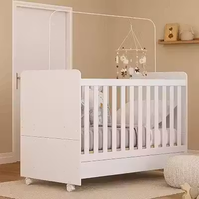 Bambino Multimóveis Berço Americano 3 em 1 Modelo Mpf3023 com Colchão Incluso e Rodízios Branco