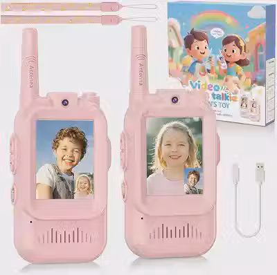 Walkie Talkie Infantil com Vídeo e Tela LCD, Par Recarregável, Alcance 500m, Modificador de Voz, Cordão Anti-Perda, Brinquedo Interativo para Crianças e Aventuras ao Ar Livre (Par Rosa)