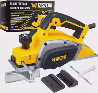 Plaina Elétrica Manual Fasterr FST042 220V 550W 16500 RPM para Madeira com Alta Precisão e Design Compacto com Guia de Corte, Chaves, Suporte para Amolar e Par de Carvão Reserva