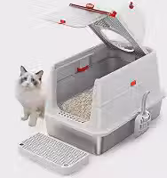 Caixa de areia para gatos em aço inoxidável, caixas de areia para gatos fechadas com tampa, caixa de areia para gatos extragrande em metal com laterais altas, bandeja de areia com entrada superior