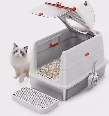 Caixa de areia para gatos em aço inoxidável, caixas de areia para gatos fechadas com tampa, caixa de areia para gatos extragrande em metal com laterais altas, bandeja de areia com entrada superior