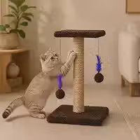 Arranhador para Gatos com Poste de Sisal, Duas Bases de Pelúcia, Bolinhas e Penas Suspensas, 38x28x28 cm