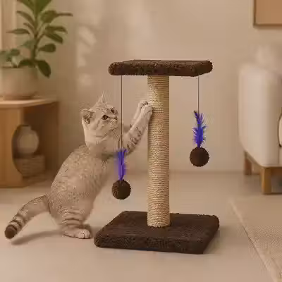Arranhador para Gatos com Poste de Sisal, Duas Bases de Pelúcia, Bolinhas e Penas Suspensas, 38x28x28 cm