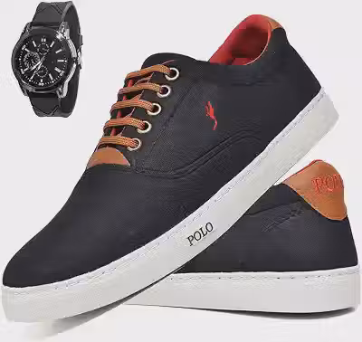 Tênis Sapatênis Masculino Casual Preto, Polo Blu, Kit com Relógio Analógico
