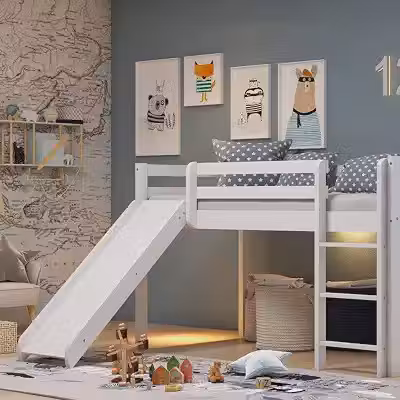 Cama Alta Kids com Escorregador em Madeira Maciça/mdf Branco