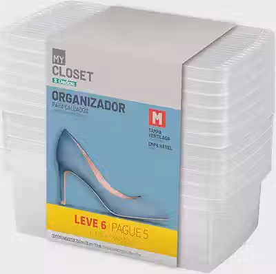 Ordene - Conjunto de 6 Caixas Plástica Média para Sapato de Tamanho 35 à 38, Cor Cristal, Linha My Closet