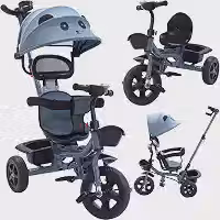 Triciclo Carrinho de Passeio 2 em 1 Infantil Assento Giratório 360° com Capota Solar Porta Objetos até 50kg Haste Empurrador Cestos e Rodas de EVA INMETRO (Azul)