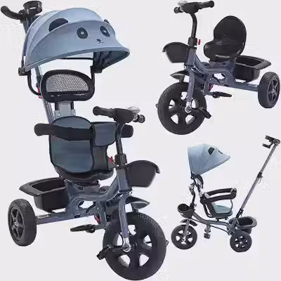 Triciclo Carrinho de Passeio 2 em 1 Infantil Assento Giratório 360° com Capota Solar Porta Objetos até 50kg Haste Empurrador Cestos e Rodas de EVA INMETRO (Azul)
