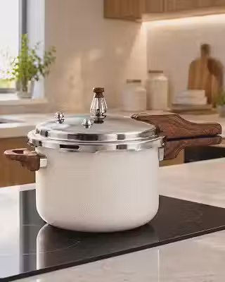 Panela de Pressão 4,2L Lecce Cerâmica Antiaderente Indução com Cabo Amadeirado, Tampa Inox e Sistema de Segurança