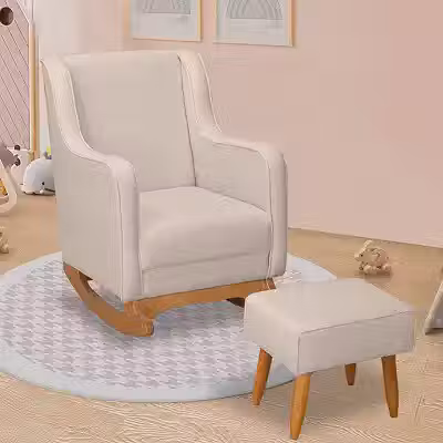 Movellu Home Poltrona de Amamentação Aquila, Linho Bege, com Puff, 88x62x87cm, 17.45kg, Balanço, Madeira de Eucalipto, Espuma D-23