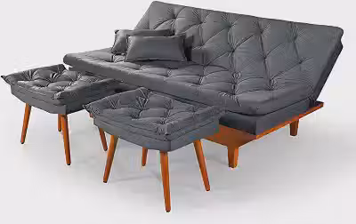 Sofa Cama Reclinavel Caribe Com Duas Banquetas Rubi Suede Cinza