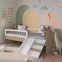 Cama Montessoriana de Solteiro com Escada e Escorrega Linha Affetto Aveiro e Branco